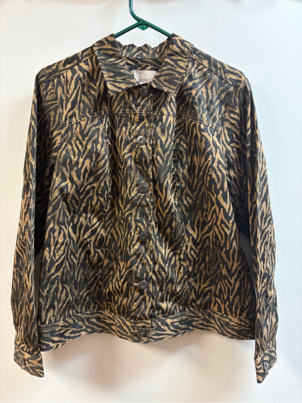Chico's Zebra-Print Button Front Jacket in Tan and Black Size Large EUC